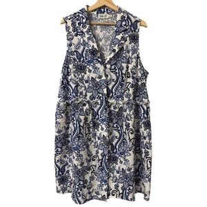 Eliza J 18W Blue White Paisley Linen Blend Sleeveless Ruffle Waist Dress